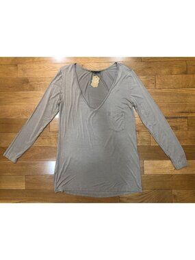 NWT POL Deep V-Neck Lightweight Slinky Long Sleeve Tee Beige Size S Soft Stretch